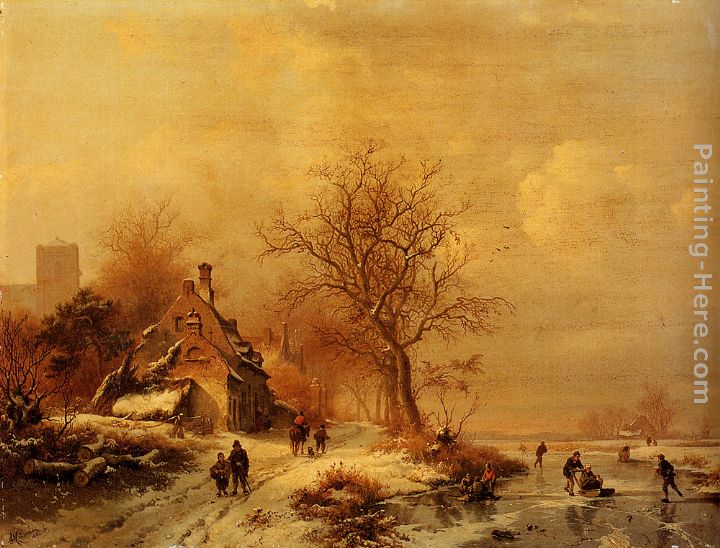 Figures In A Frozen Winter Landscape painting - Frederik Marianus Kruseman Figures In A Frozen Winter Landscape art painting